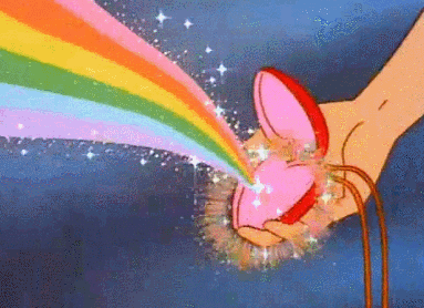 A vintage cartoon showing a sparkly rainbow shooting out of a heart-shaped locket