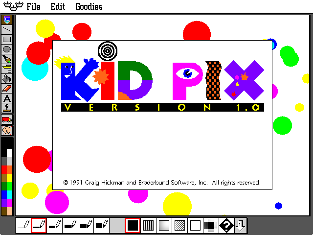 A screencap of the app "Kid Pix" version 1.0 showing a drawing program with simple icons